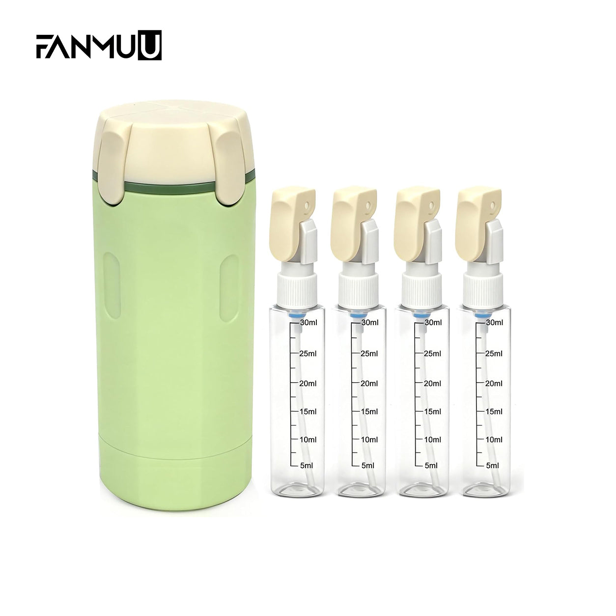 4-in-1 Travel Dispenser with shampoo, conditioner, body wash, and lotion for travel