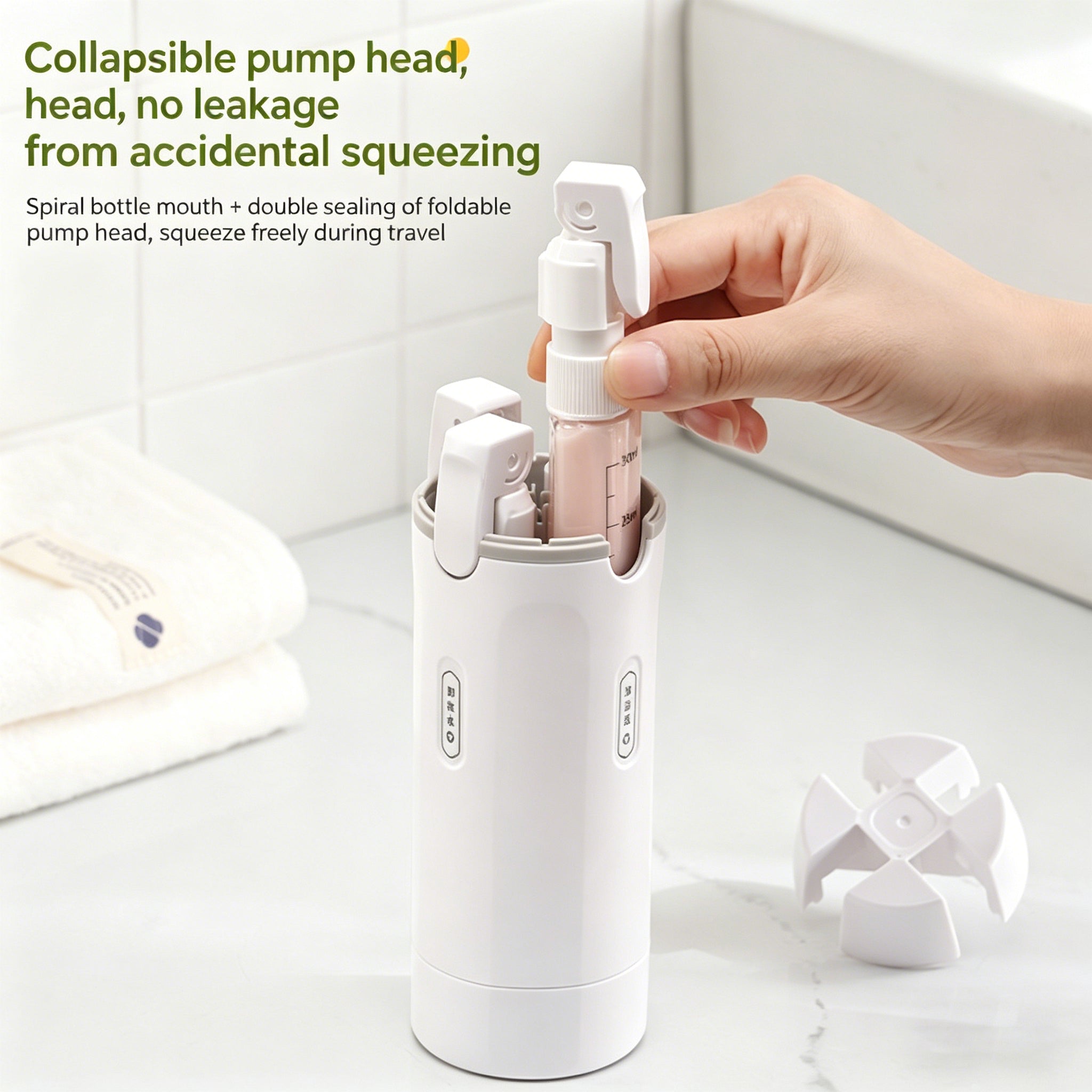 Compact 4-in-1 Travel Dispenser in gym bag for outdoor and short trips